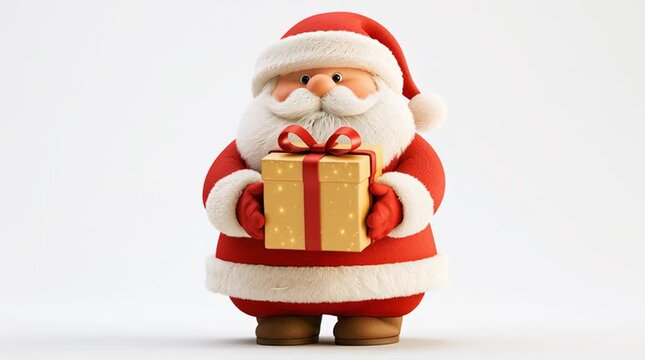 Cute 3D Santa Claus holding a glowing Christmas gift box in premium red and gold colors. Ultra detailed fur, cinematic lighting and soft shadows create a festive isolated render on a clean white backg