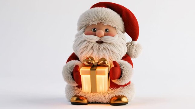 Cute 3D Santa Claus holding a glowing Christmas gift box in premium red and gold colors. Ultra detailed fur, cinematic lighting and soft shadows create a festive isolated render on a clean white backg
