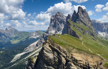 Obraz premium Idyllic mountain landscape in the Alps with blooming meadows, Alpe di Cisles, Seceda Ridgeline, Dolomiti , Pieralongia, Col Raiser