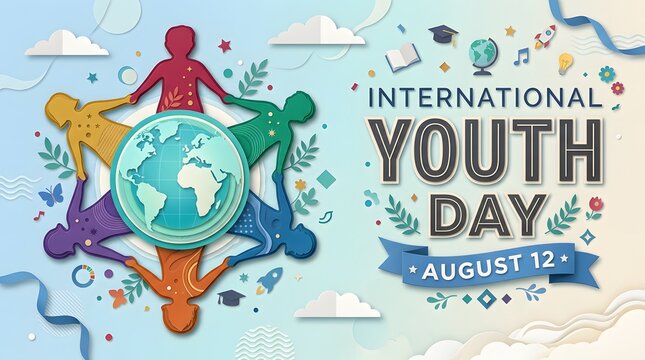 International youth day illustration with globe and diverse paper cut out figures