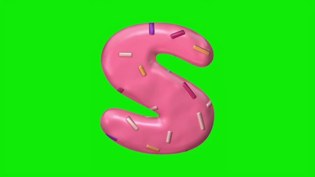 3D animated alphabet letters with pink donut icing and sprinkles on a green screen.