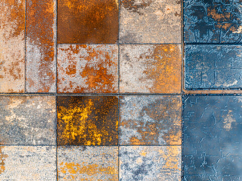 Aerial view of a grid of weathered and textured tiles in shades of brown, orange, grey, and blue in Mauritius.