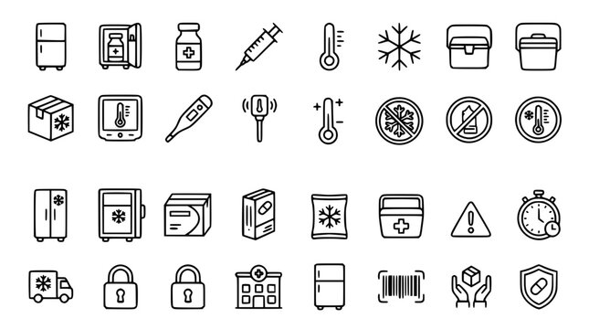  Medical cold chain logistics and vaccine refrigeration line icon set featuring thermometers transport trucks laboratory freezers insulated boxes and temperature monitoring symbols vector