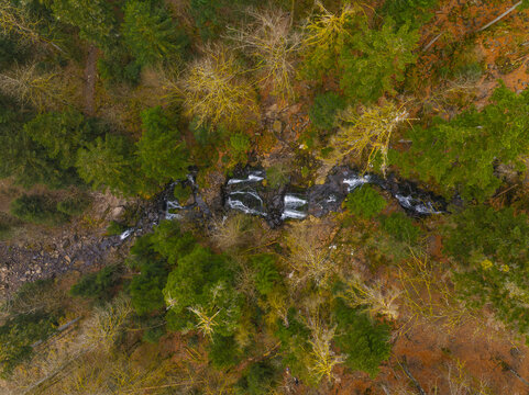 Aerial view of the Grande Cascade de Tendon waterfall flowing through a dense forest with autumn foliage and evergreen trees in Tendon, Grand Est, France.