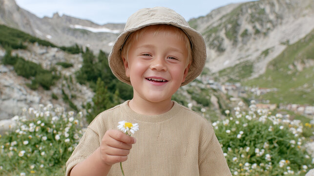This outdoor shot shows a smiling young boy in a bucket hat holding a small daisy, set against a backdrop of alpine meadows dotted with wildflowers and distant rocky mountains.

