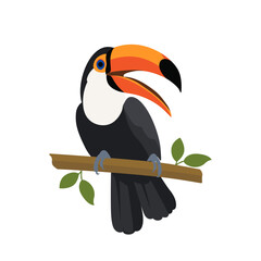 Obraz premium A cheerful toucan perched on a branch, its beak open, displaying vibrant colors and a lively expression, perfect for nature and wildlife themes
