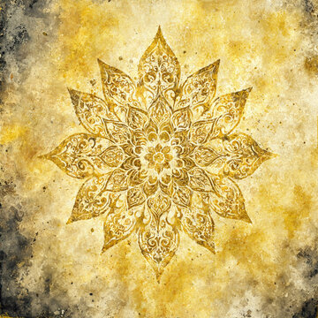 Golden ornate mandala pattern with distressed textured background