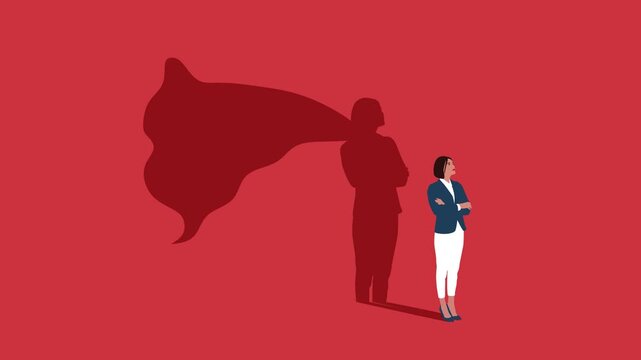 Businesswoman dreams of becoming a superhero. Confident handsome young woman standing superhero shadow. Business animation video.