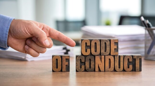 Code of conduct text on vintage wooden blocks, professional business ethics concept, corporate compliance and workplace standards in office setting