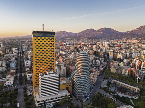Aerial view of the TID Tower and surrounding modern architecture in the city center of Tirana, Tirana County, Albania.