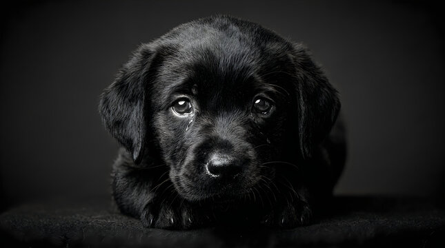 Cute black labrador puppy looking at camera with sad eyes in a dramatic portrait