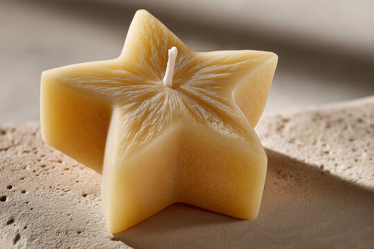 Sculptural candle shaped like a five pointed star, warm beige wax with visible texture, dramatic side lighting, decorative object.