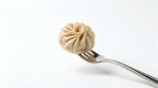 A single steamed dumpling on a silver fork ready for eating
