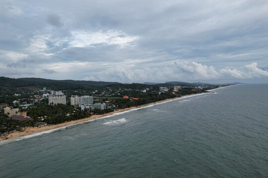 Aerial view of Long Beach with hotels, palm trees, and sandy coastline along the sea in Phu Quoc, Kien Giang, Vietnam.