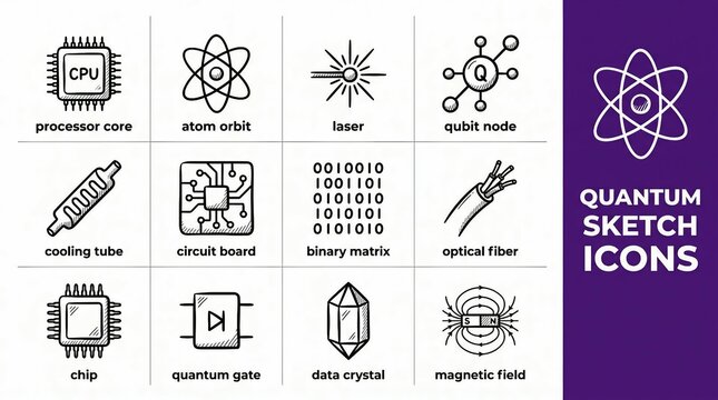 Quantum computing technology icons set, sketch style, white background