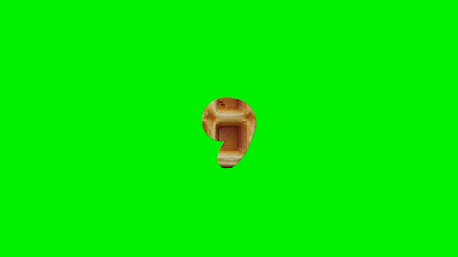 3d animated comma punctuation mark made of golden waffle texture on green screen