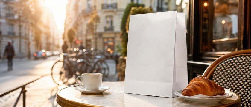 blank white paper bag mockup on outdoor cafe table beside coffee cup and fresh croissant in warm sunlight