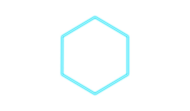 Neon blue glowing hexagon frame isolated on transparent background