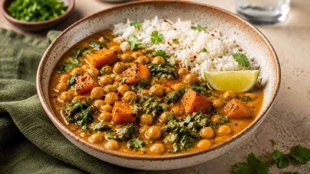 **Creamy Chickpea Curry with Roasted Squash and Herbed Basmati Rice** - 1