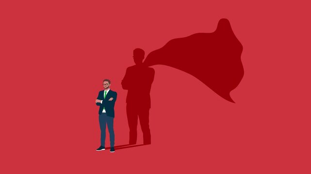 Businessman dreams of becoming a superhero. Confident handsome young man standing superhero shadow. Business animation video.