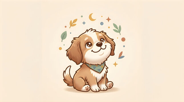 Cute cartoon puppy dog sitting with decorative leaves and stars in a soft pastel color style