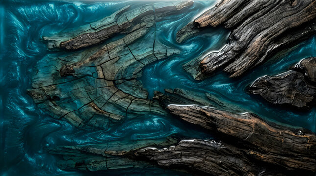 Abstract dark charred wood texture with deep blue and green liquid flowing through the cracks