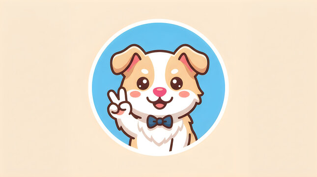 Cute puppy dog wearing a bowtie showing a peace sign hand gesture in a circular blue frame