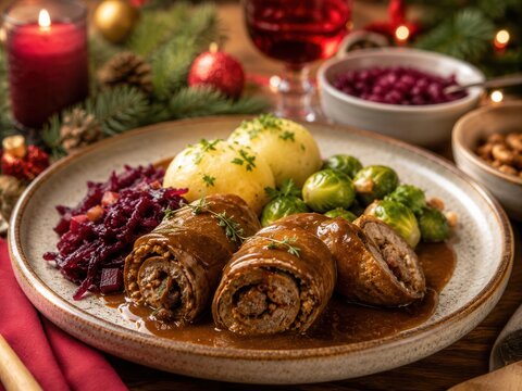 Traditionelle deutsche Rinderrouladen mit Rotkohl, Rosenkohl und Kartoffelkl&ouml;&szlig;en auf einem festlich gedeckten Teller. Ein klassisches Weihnachtsgericht in stimmungsvoller Atmosph&auml;re.