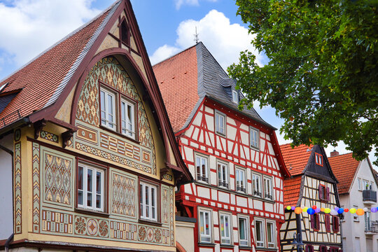 Half-timbered houses along a street in Bensheim, Hesse, Germany. 