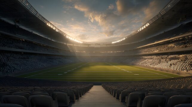 Cinematic empty soccer stadium at sunset with bright floodlights illuminating.