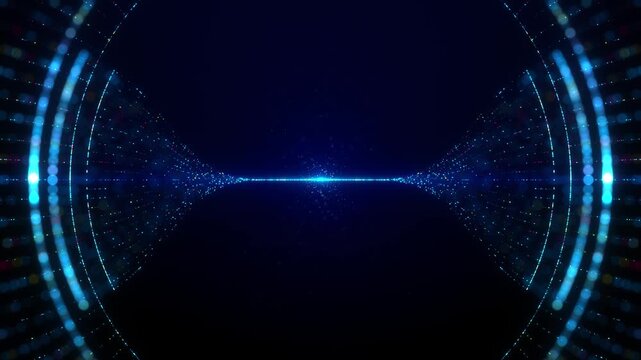 Abstract blue particle streams converging into two data flows and colliding at the center. Futuristic digital energy, AI, network communication, quantum technology and data transfer animation