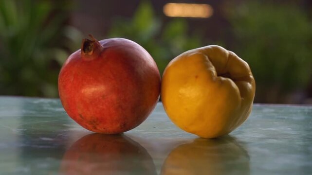 Close up slow motion camera panning of a fresh red pomegranate and a ripe yellow quince fruit on a glossy surface, horizontal video.