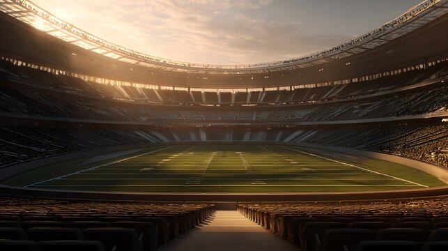 Cinematic empty soccer stadium at sunset with bright floodlights illuminating.