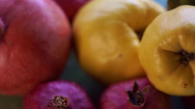 Extreme close up slow motion camera panning of ripe yellow quinces and fresh red pomegranates with shallow depth of field, horizontal video.