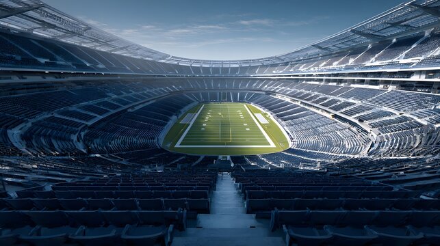 Modern empty football stadium with green grass under sunset sky.