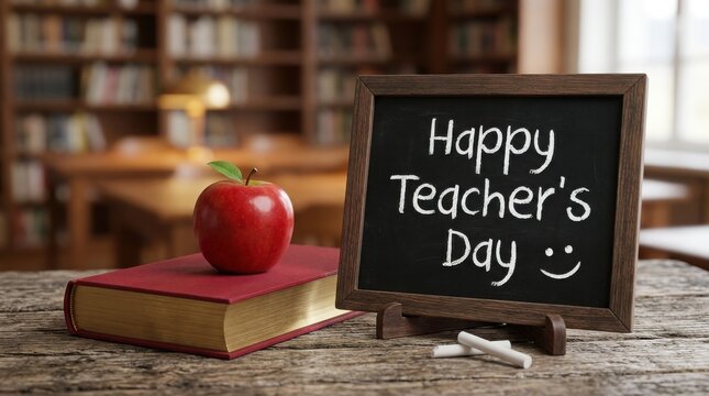 Happy teachers day chalkboard with apple and book