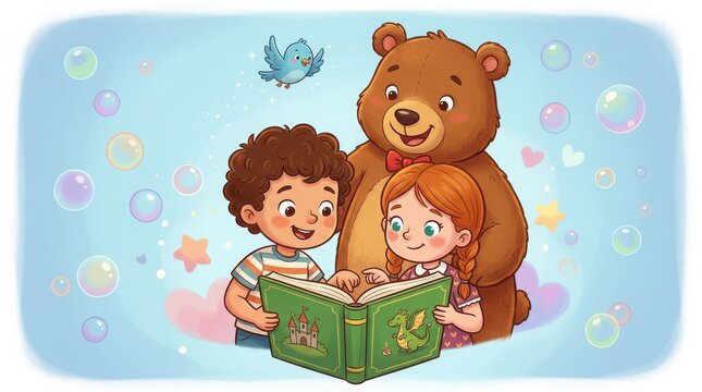 Children reading a storybook with a friendly teddy bear