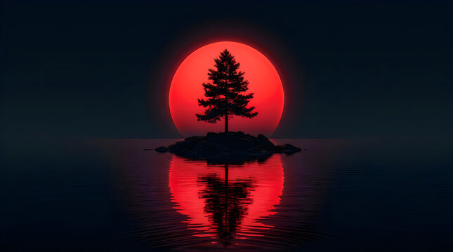 A lonely pine tree on a small island silhouetted against a giant red moon over calm water