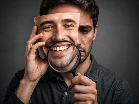 Man holding smiling mask while looking serious with magnifying glass  