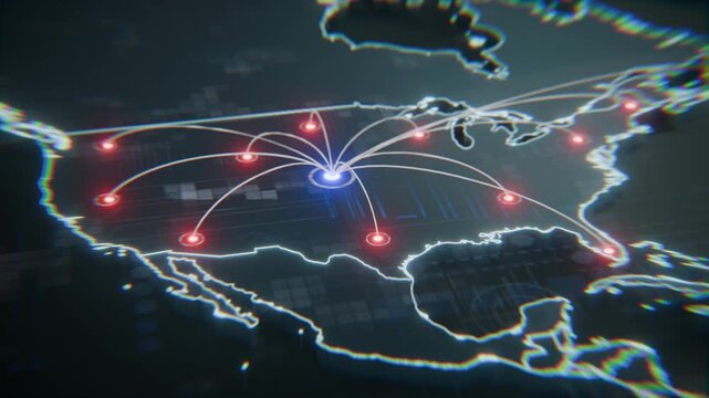 Futuristic 3D animation showing a digital signal pulsing from the center of the US map and expanding outward across the entire nation. Symbolizes wireless coverage, broadcasting, and network reach.