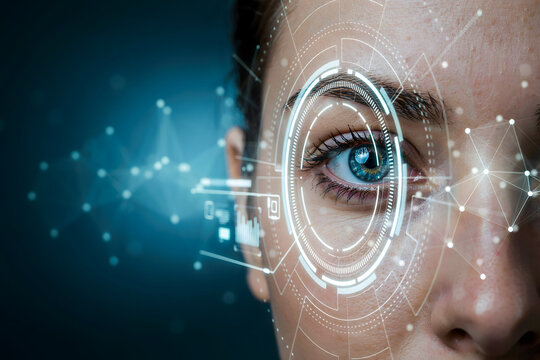 Macro view of a woman eye with digital biometric facial recognition interface overlay and glowing network nodes on dark blue background