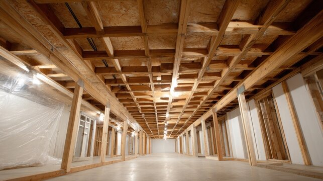 Unfinished basement interior with exposed wooden joists and concrete floor