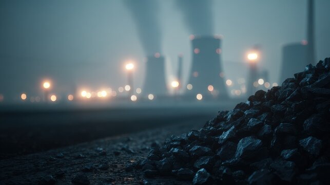 Power plant with cooling towers and rocky foreground atmospheric photo