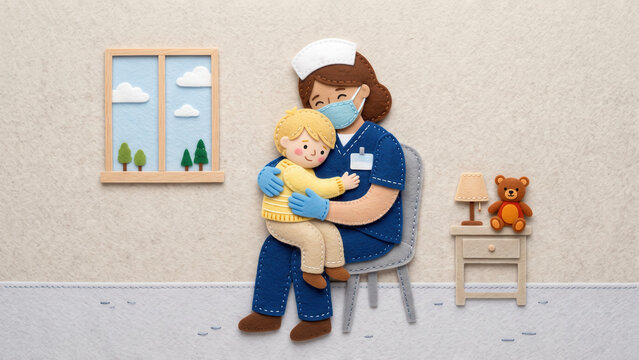A handmade felt craft illustration showing a masked nurse in blue scrubs gently hugging a sick child. The warm scene includes a window with trees, a small nightstand, a lamp, and a teddy bear.