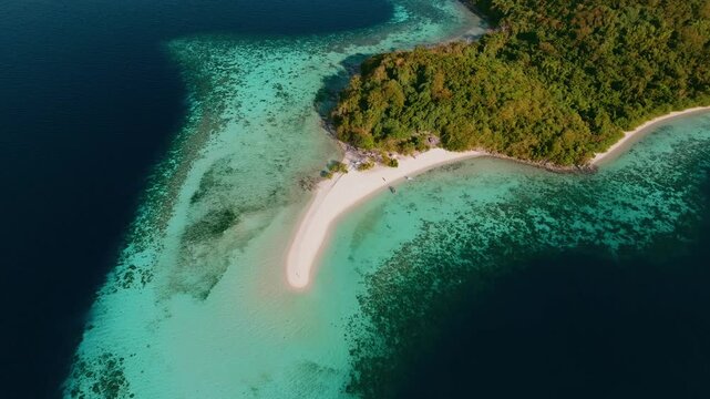 Aerial view of a pristine white sandbar surrounded by turquoise water and coral reefs near a lush tropical island in Coron, Mimaropa, Philippines.