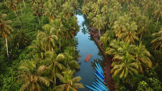 Aerial view of Maasin River on Siargao Island, surrounded by lush palm trees with blue boats moored along a wooden walkway in Caraga, Philippines.