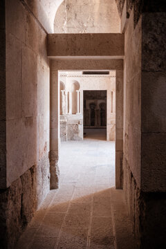 View of the ancient stone archways and corridors of the Umayyad Palace in Amman, Amman Governorate, Jordan.