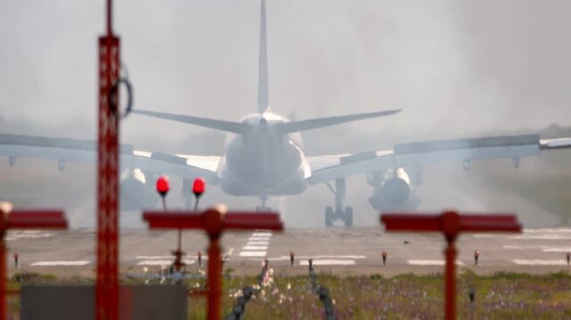 Commercial passenger airplane braking on airport runway after landing, producing smoke and intense heat haze under daylight, telephoto rear view shot