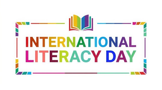 International literacy day colorful text with book icon