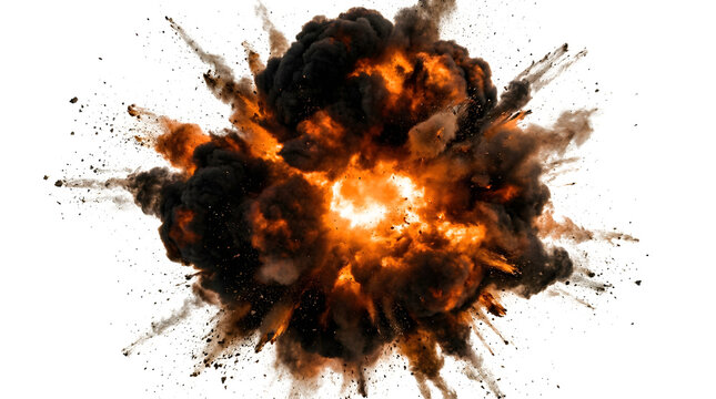 Dramatic explosion of fire and smoke with sparks and debris isolated on transparent background